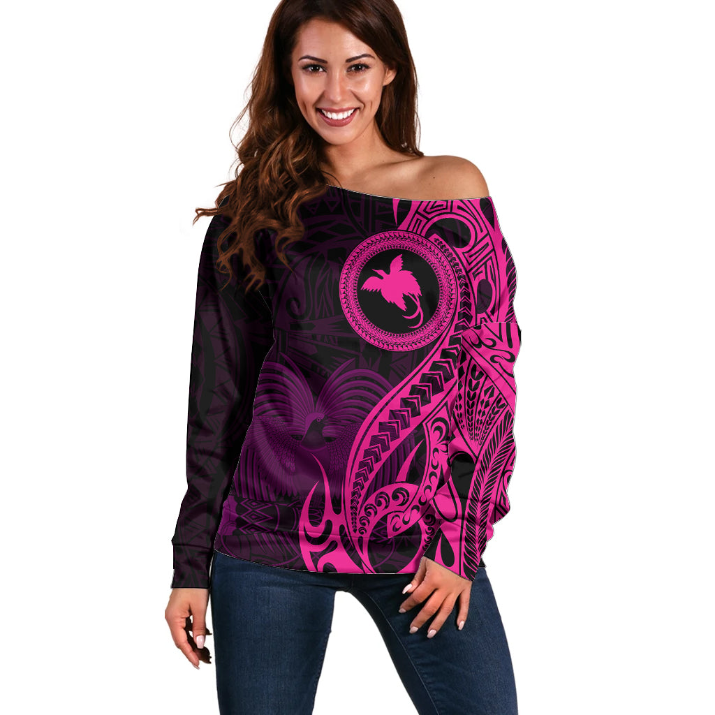 Papua New Guinea Island Off Shoulder Sweater Bird of Paradise with Pink Polynesian Tribal LT9 Women Pink - Polynesian Pride