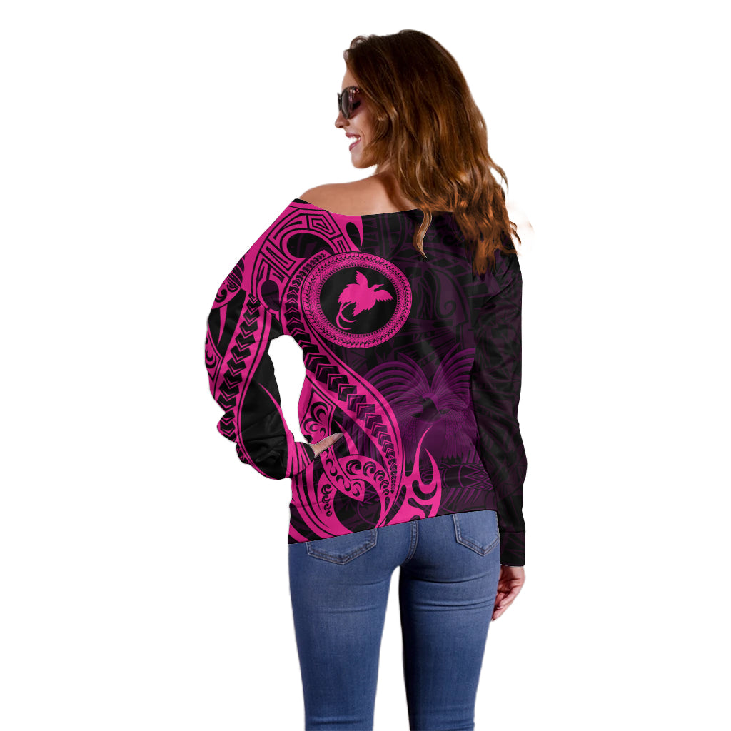 Papua New Guinea Island Off Shoulder Sweater Bird of Paradise with Pink Polynesian Tribal LT9 - Polynesian Pride