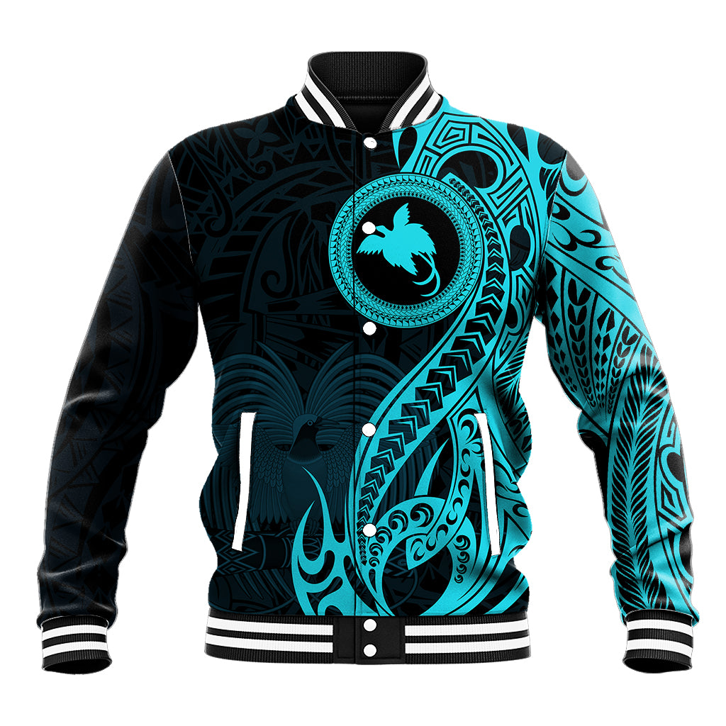 Papua New Guinea Island Baseball Jacket Bird of Paradise with Aqua Polynesian Tribal LT9 Unisex Aqua - Polynesian Pride