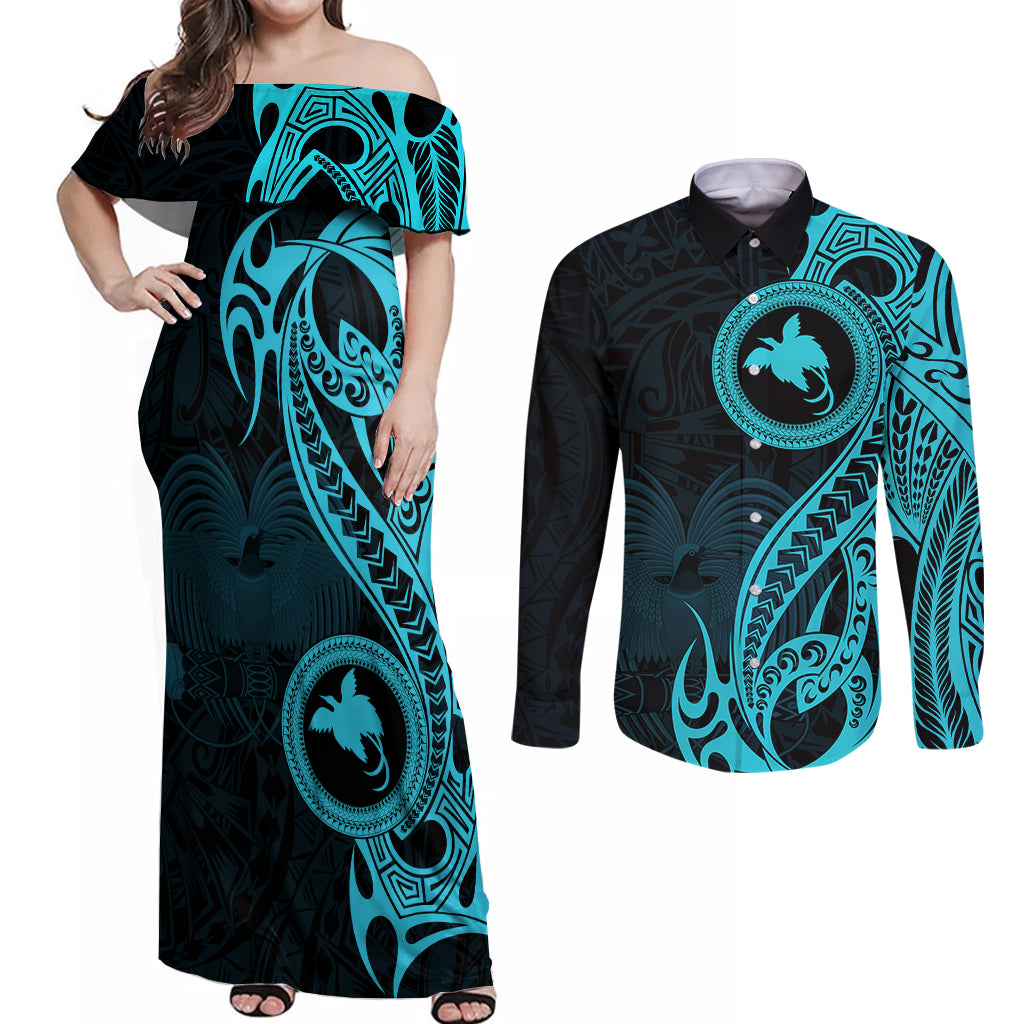 Papua New Guinea Island Couples Matching Off Shoulder Maxi Dress and Long Sleeve Button Shirts Bird of Paradise with Aqua Polynesian Tribal LT9 Aqua - Polynesian Pride