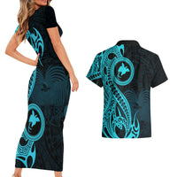 Papua New Guinea Island Couples Matching Short Sleeve Bodycon Dress and Hawaiian Shirt Bird of Paradise with Aqua Polynesian Tribal LT9 - Polynesian Pride