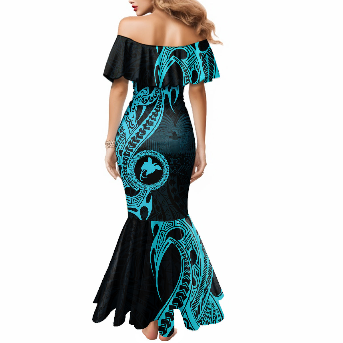 Papua New Guinea Island Mermaid Dress Bird of Paradise with Aqua Polynesian Tribal LT9 - Polynesian Pride