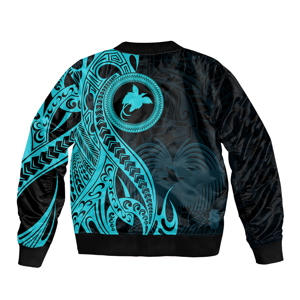 Papua New Guinea Island Sleeve Zip Bomber Jacket Bird of Paradise with Aqua Polynesian Tribal LT9 - Polynesian Pride
