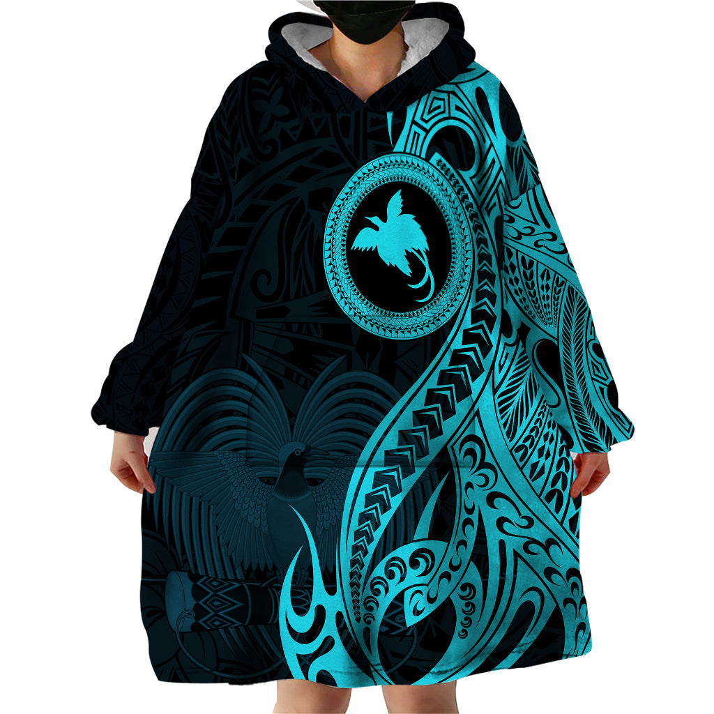 Papua New Guinea Island Wearable Blanket Hoodie Bird of Paradise with Aqua Polynesian Tribal LT9 - Polynesian Pride