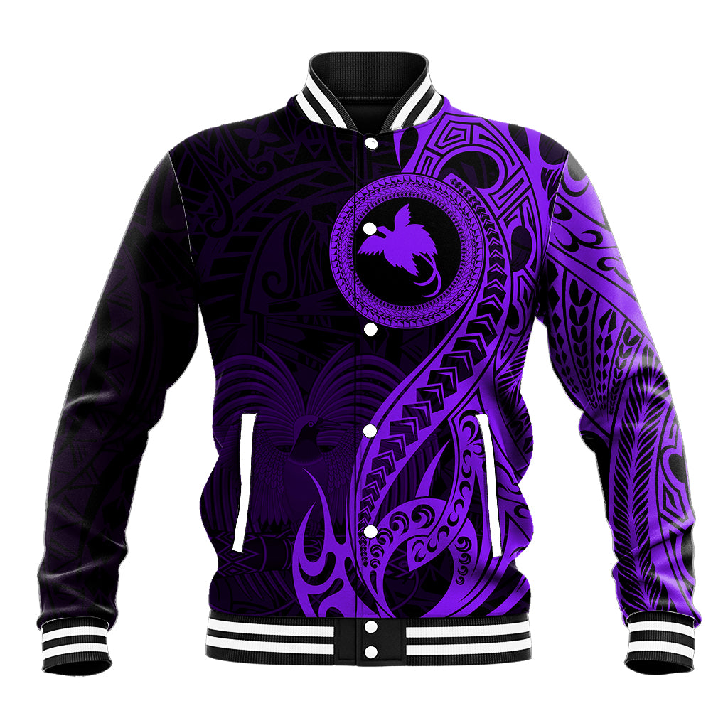 Papua New Guinea Island Baseball Jacket Bird of Paradise with Purple Polynesian Tribal LT9 Unisex Purple - Polynesian Pride