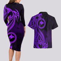 Papua New Guinea Island Couples Matching Long Sleeve Bodycon Dress and Hawaiian Shirt Bird of Paradise with Purple Polynesian Tribal LT9 - Polynesian Pride