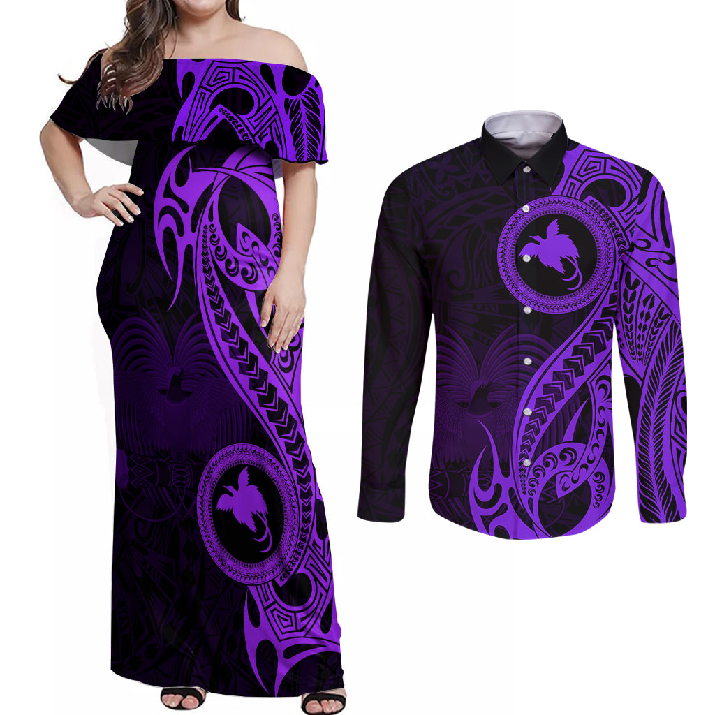 Papua New Guinea Island Couples Matching Off Shoulder Maxi Dress and Long Sleeve Button Shirts Bird of Paradise with Purple Polynesian Tribal LT9 Purple - Polynesian Pride