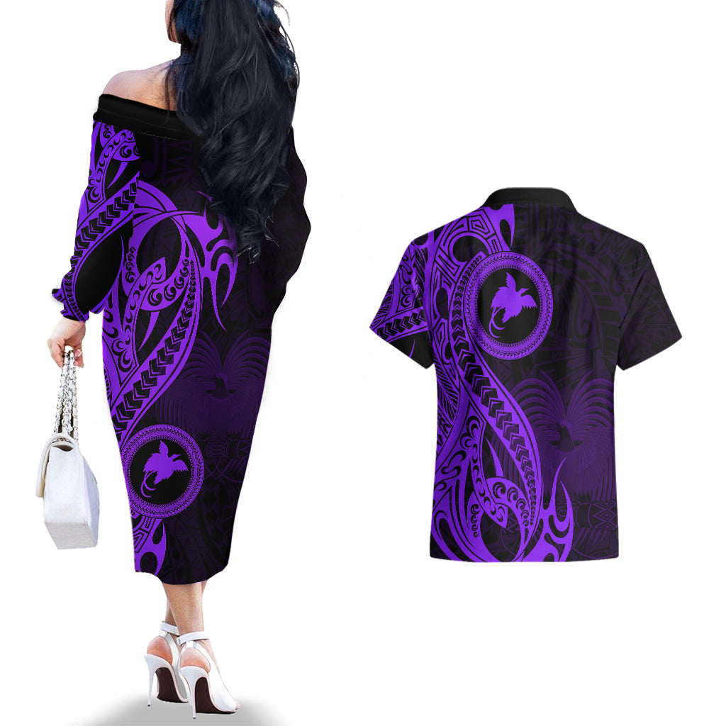 Papua New Guinea Island Couples Matching Off The Shoulder Long Sleeve Dress and Hawaiian Shirt Bird of Paradise with Purple Polynesian Tribal LT9 - Polynesian Pride