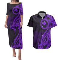 Papua New Guinea Island Couples Matching Puletasi Dress and Hawaiian Shirt Bird of Paradise with Purple Polynesian Tribal LT9 Purple - Polynesian Pride