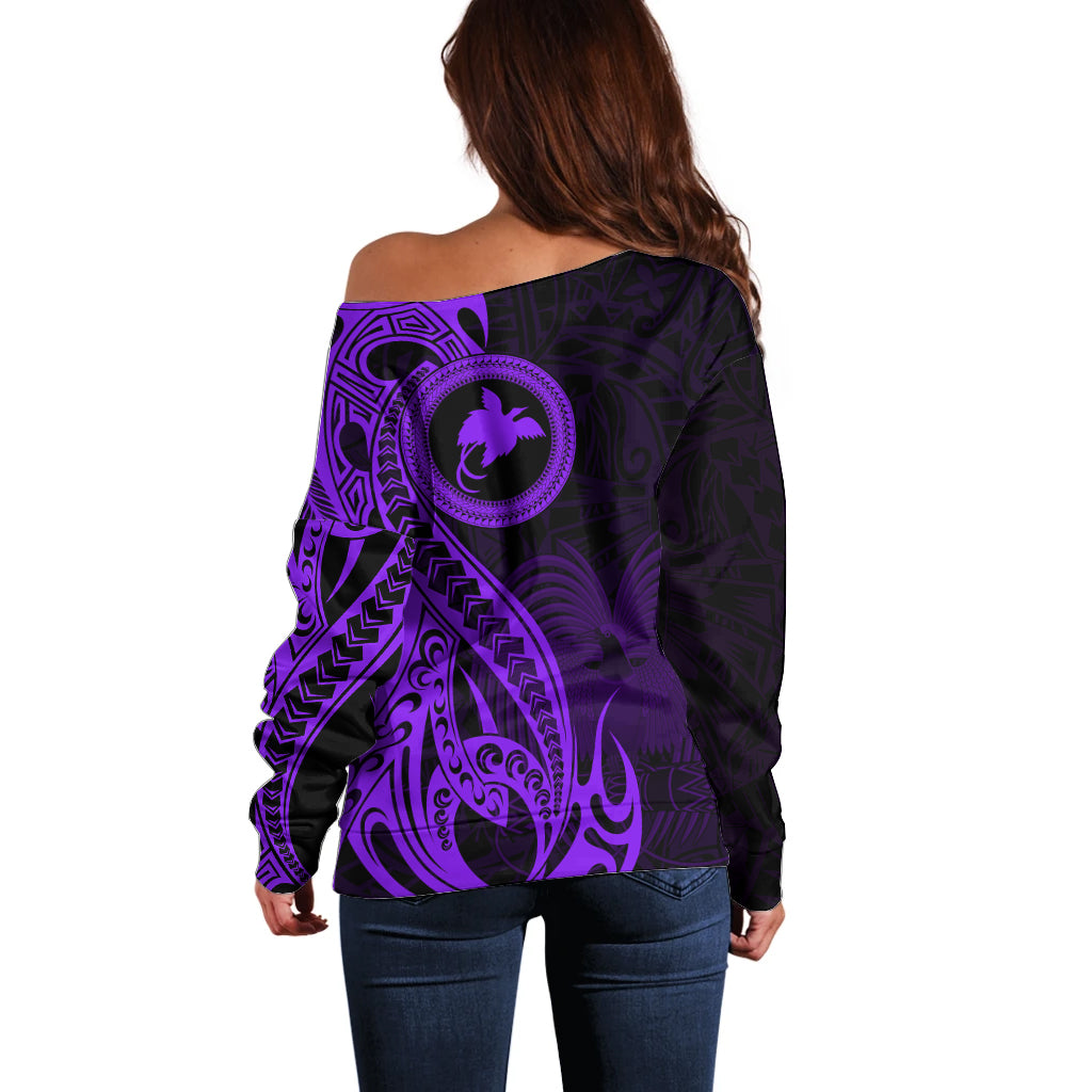 Papua New Guinea Island Off Shoulder Sweater Bird of Paradise with Purple Polynesian Tribal LT9 - Polynesian Pride