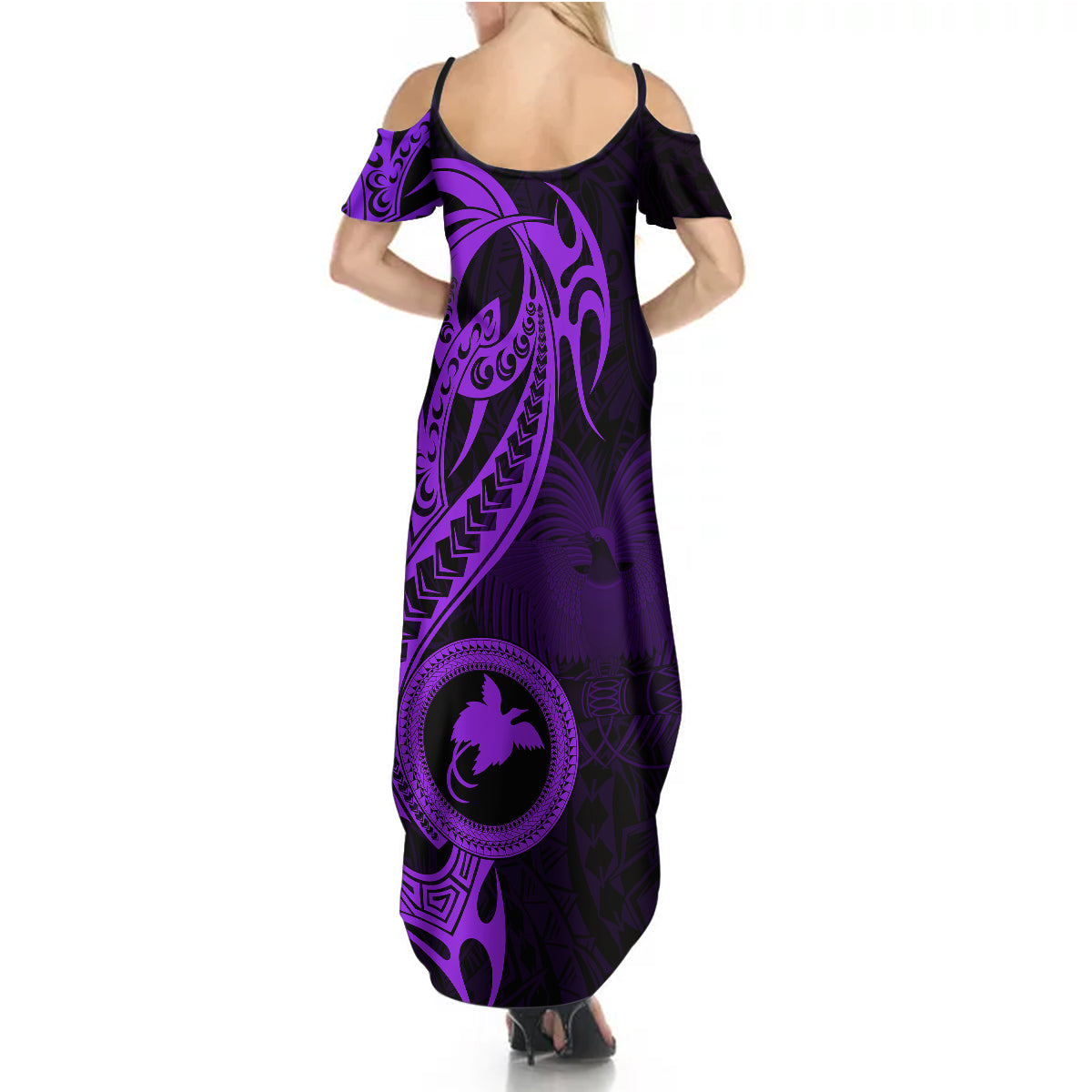 Papua New Guinea Island Summer Maxi Dress Bird of Paradise with Purple Polynesian Tribal LT9 - Polynesian Pride
