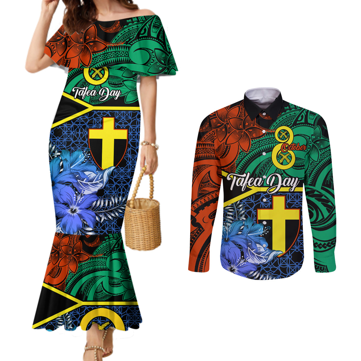 tafea-day-couples-matching-mermaid-dress-and-long-sleeve-button-shirts-vanuatu-sand-drawing-with-polynesian-pattern