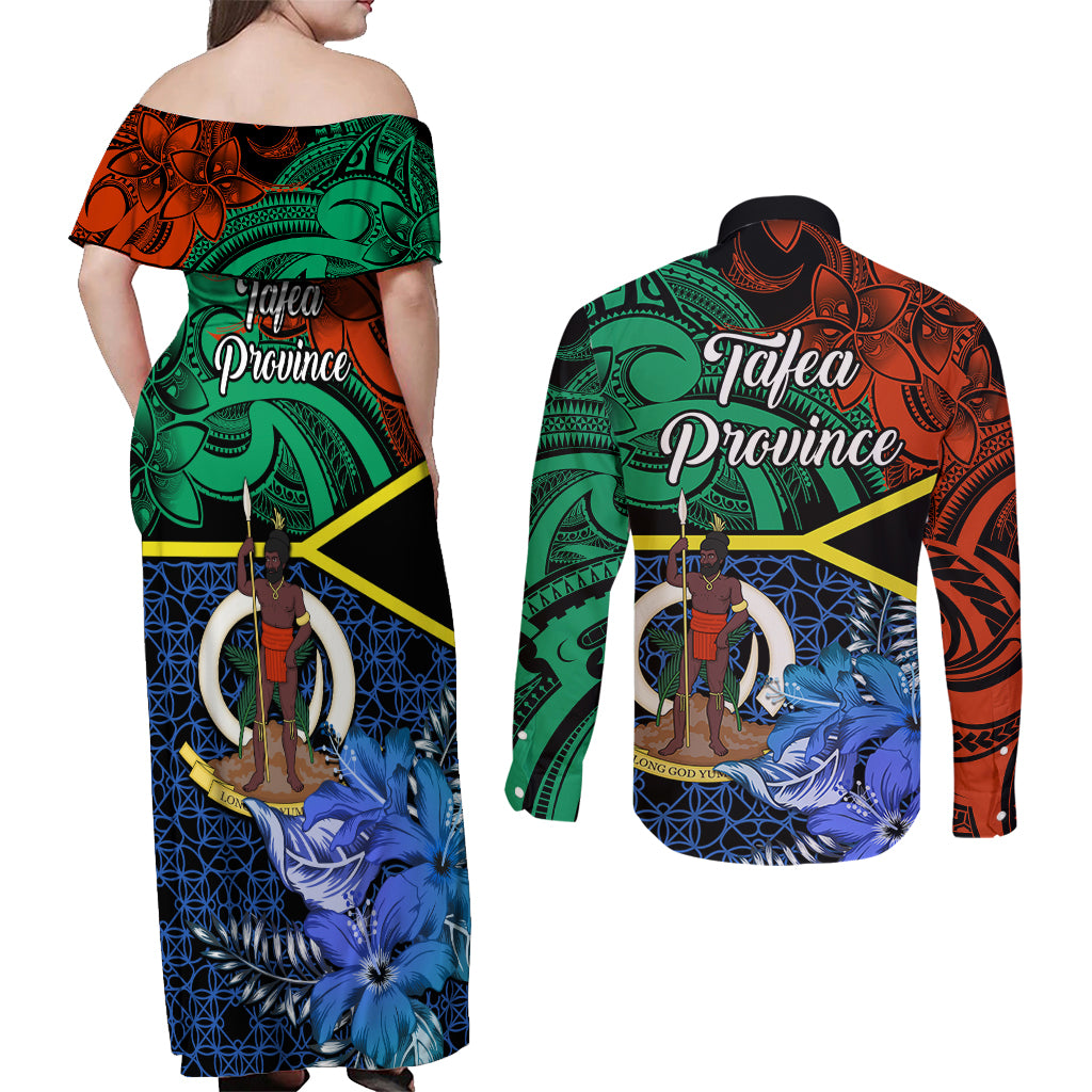 tafea-day-couples-matching-off-shoulder-maxi-dress-and-long-sleeve-button-shirts-vanuatu-sand-drawing-with-polynesian-pattern