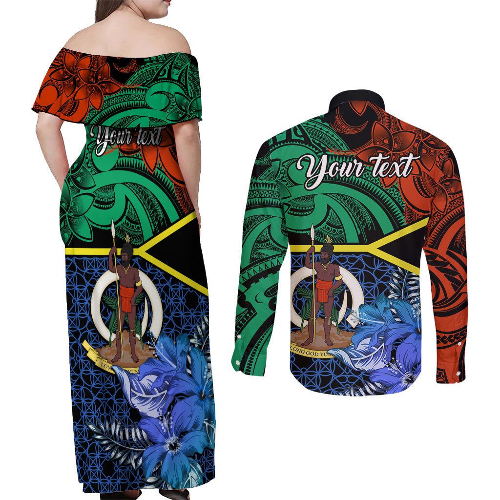personalised-tafea-day-couples-matching-off-shoulder-maxi-dress-and-long-sleeve-button-shirts-vanuatu-sand-drawing-with-polynesian-pattern