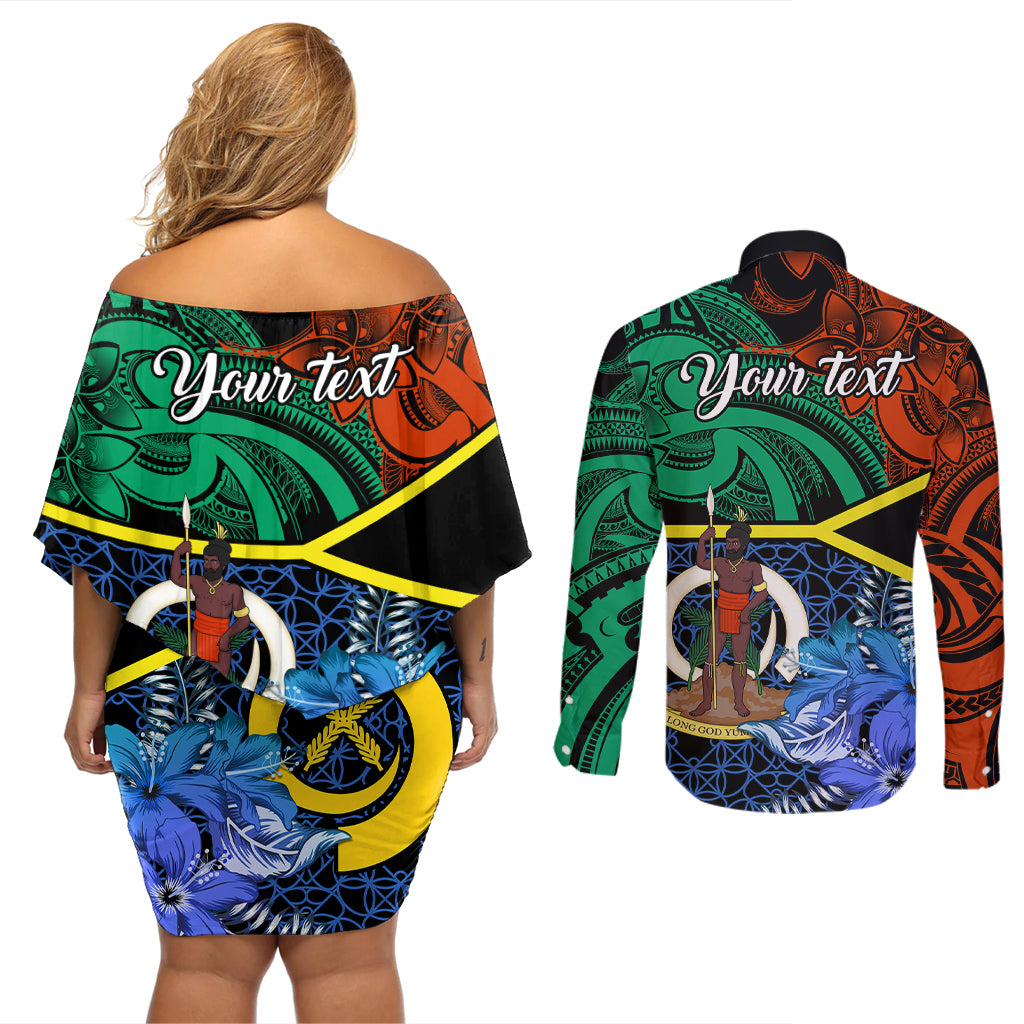 personalised-tafea-day-couples-matching-off-shoulder-short-dress-and-long-sleeve-button-shirts-vanuatu-sand-drawing-with-polynesian-pattern