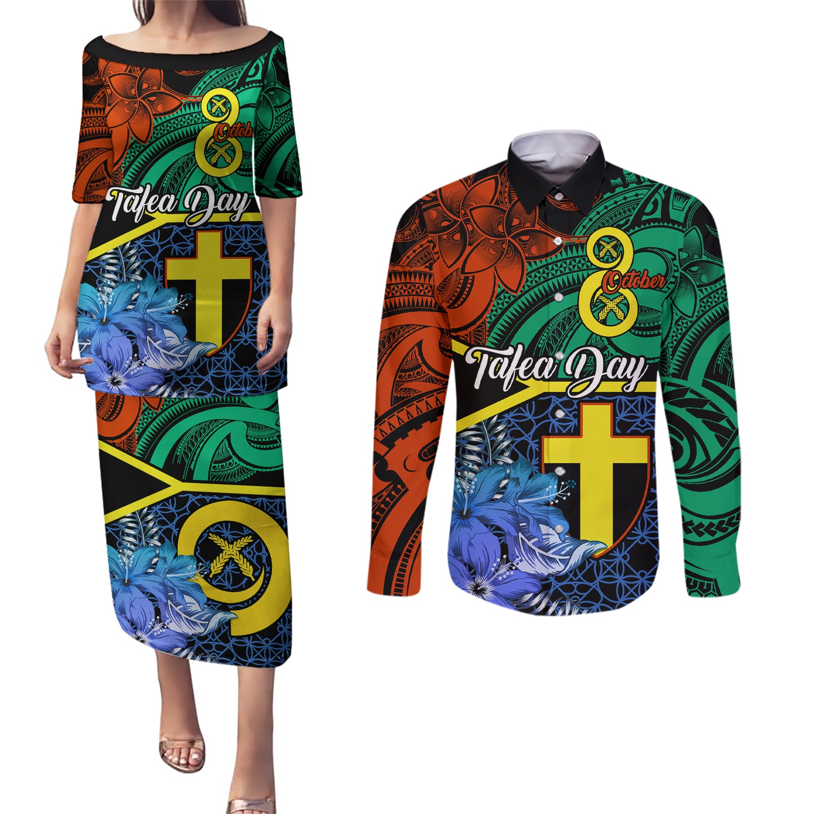 personalised-tafea-day-couples-matching-puletasi-dress-and-long-sleeve-button-shirts-vanuatu-sand-drawing-with-polynesian-pattern