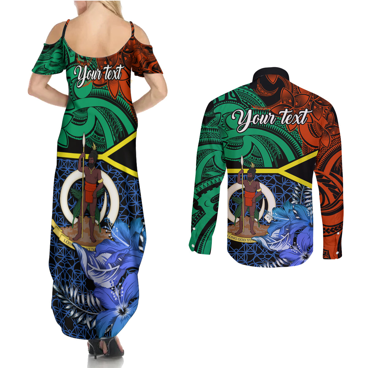 personalised-tafea-day-couples-matching-summer-maxi-dress-and-long-sleeve-button-shirts-vanuatu-sand-drawing-with-polynesian-pattern
