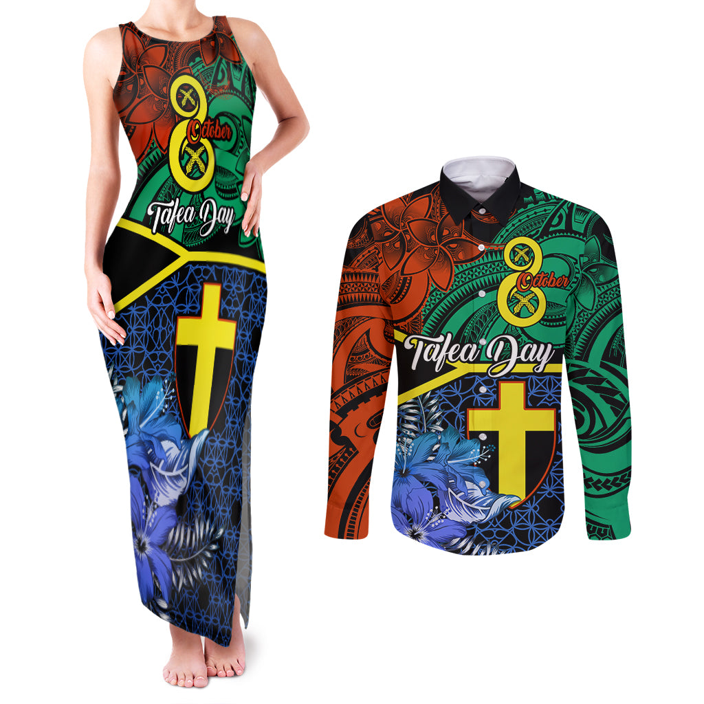 personalised-tafea-day-couples-matching-tank-maxi-dress-and-long-sleeve-button-shirts-vanuatu-sand-drawing-with-polynesian-pattern