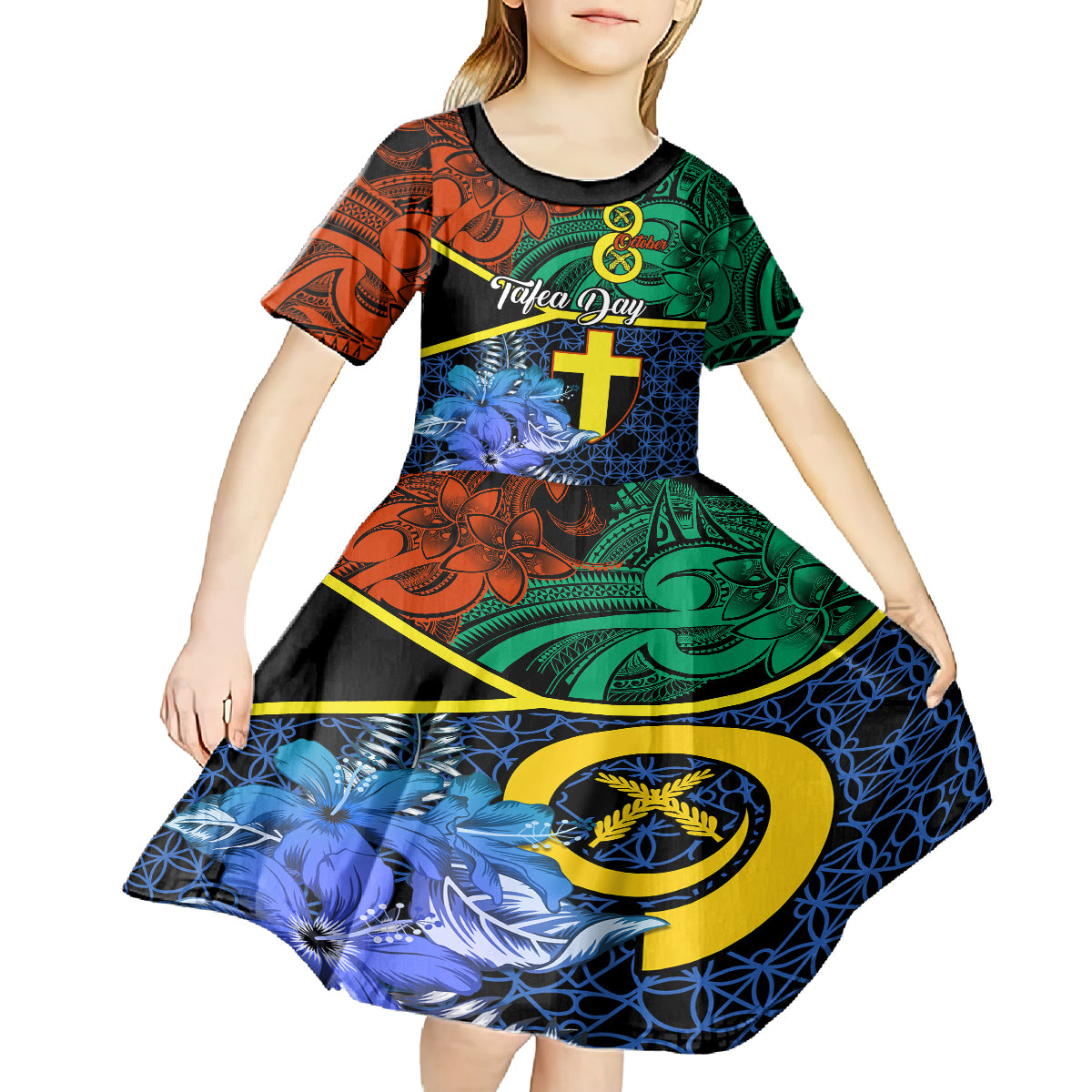 personalised-tafea-day-kid-short-sleeve-dress-vanuatu-sand-drawing-with-polynesian-pattern