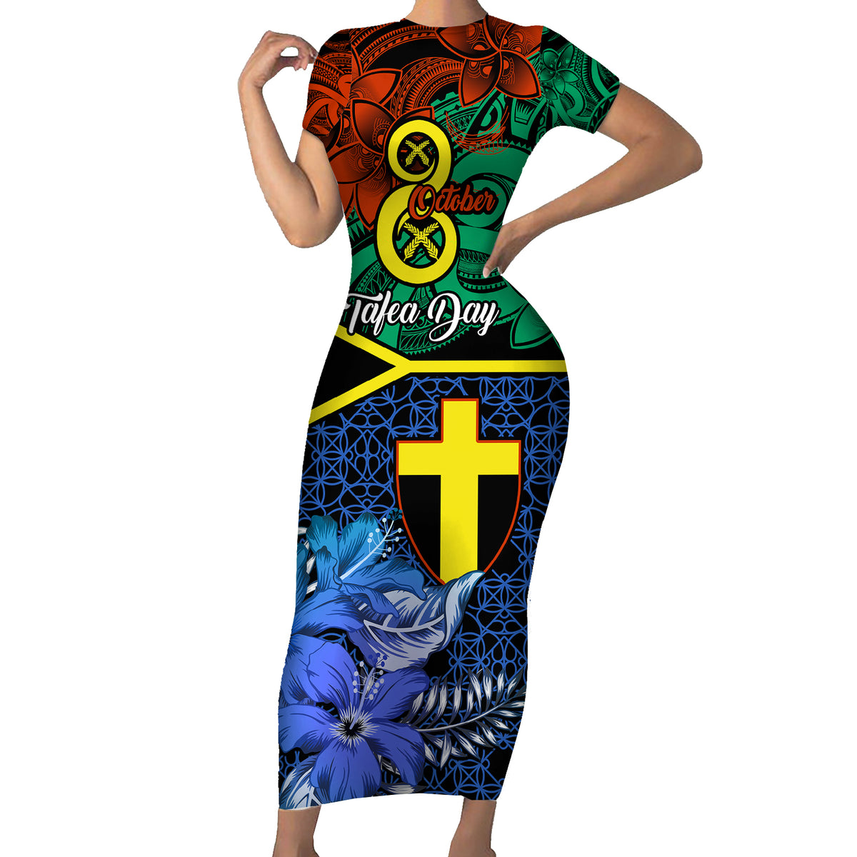 personalised-tafea-day-short-sleeve-bodycon-dress-vanuatu-sand-drawing-with-polynesian-pattern