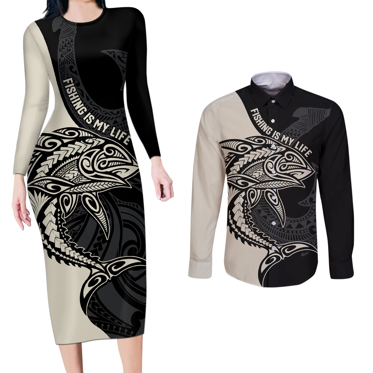 personalised-polynesia-fishing-couples-matching-long-sleeve-bodycon-dress-and-long-sleeve-button-shirts-with-maori-hei-matau-fish-hook-gold-art