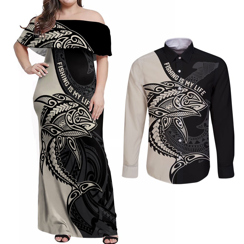 personalised-polynesia-fishing-couples-matching-off-shoulder-maxi-dress-and-long-sleeve-button-shirts-with-maori-hei-matau-fish-hook-gold-art