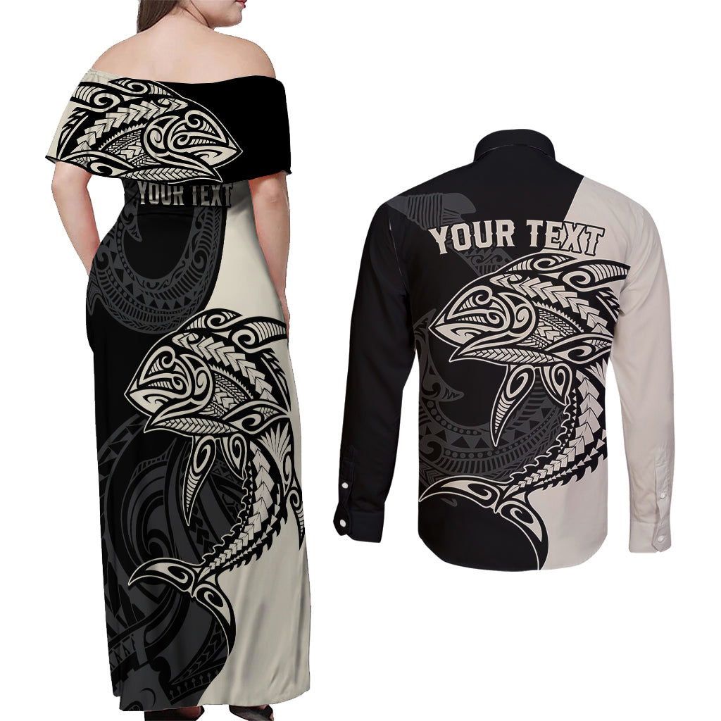 personalised-polynesia-fishing-couples-matching-off-shoulder-maxi-dress-and-long-sleeve-button-shirts-with-maori-hei-matau-fish-hook-gold-art