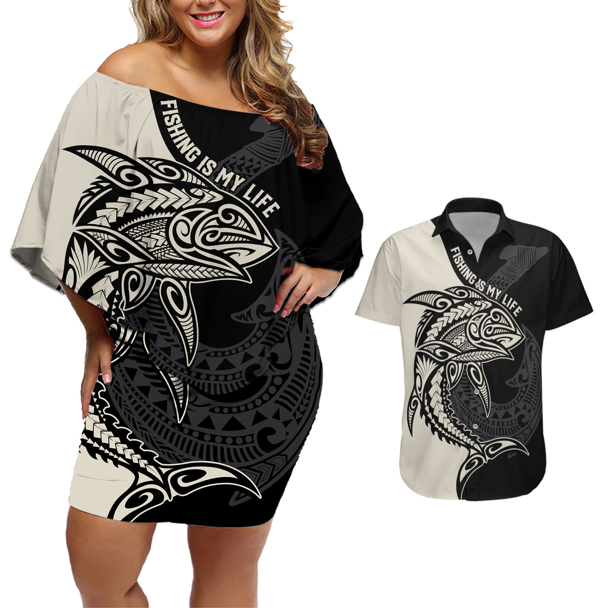 personalised-polynesia-fishing-couples-matching-off-shoulder-short-dress-and-hawaiian-shirt-with-maori-hei-matau-fish-hook-gold-art