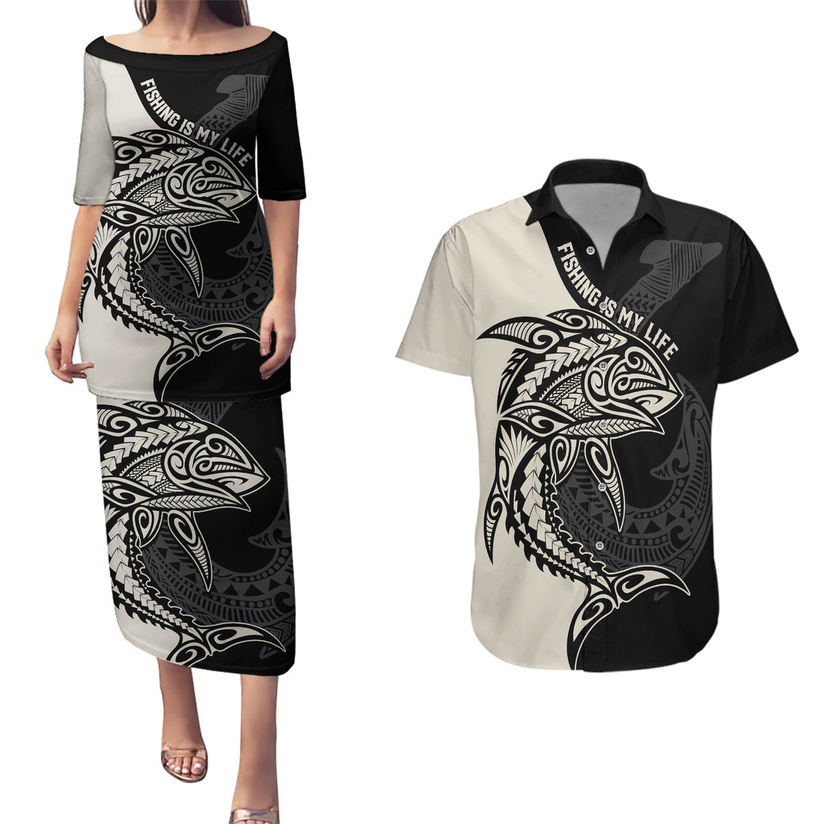personalised-polynesia-fishing-couples-matching-puletasi-dress-and-hawaiian-shirt-with-maori-hei-matau-fish-hook-gold-art