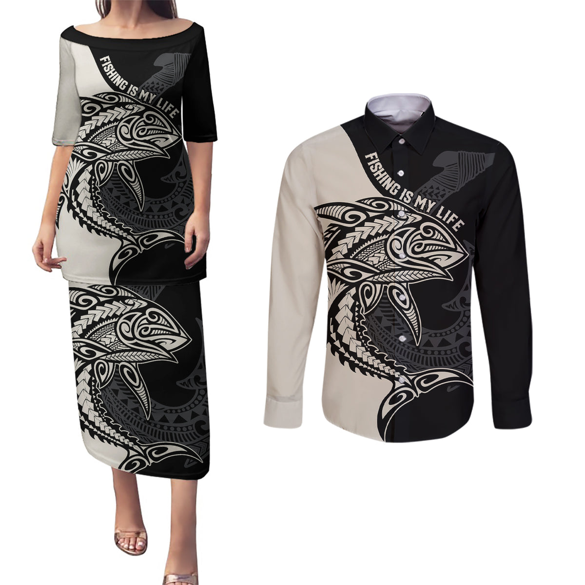 personalised-polynesia-fishing-couples-matching-puletasi-dress-and-long-sleeve-button-shirts-with-maori-hei-matau-fish-hook-gold-art