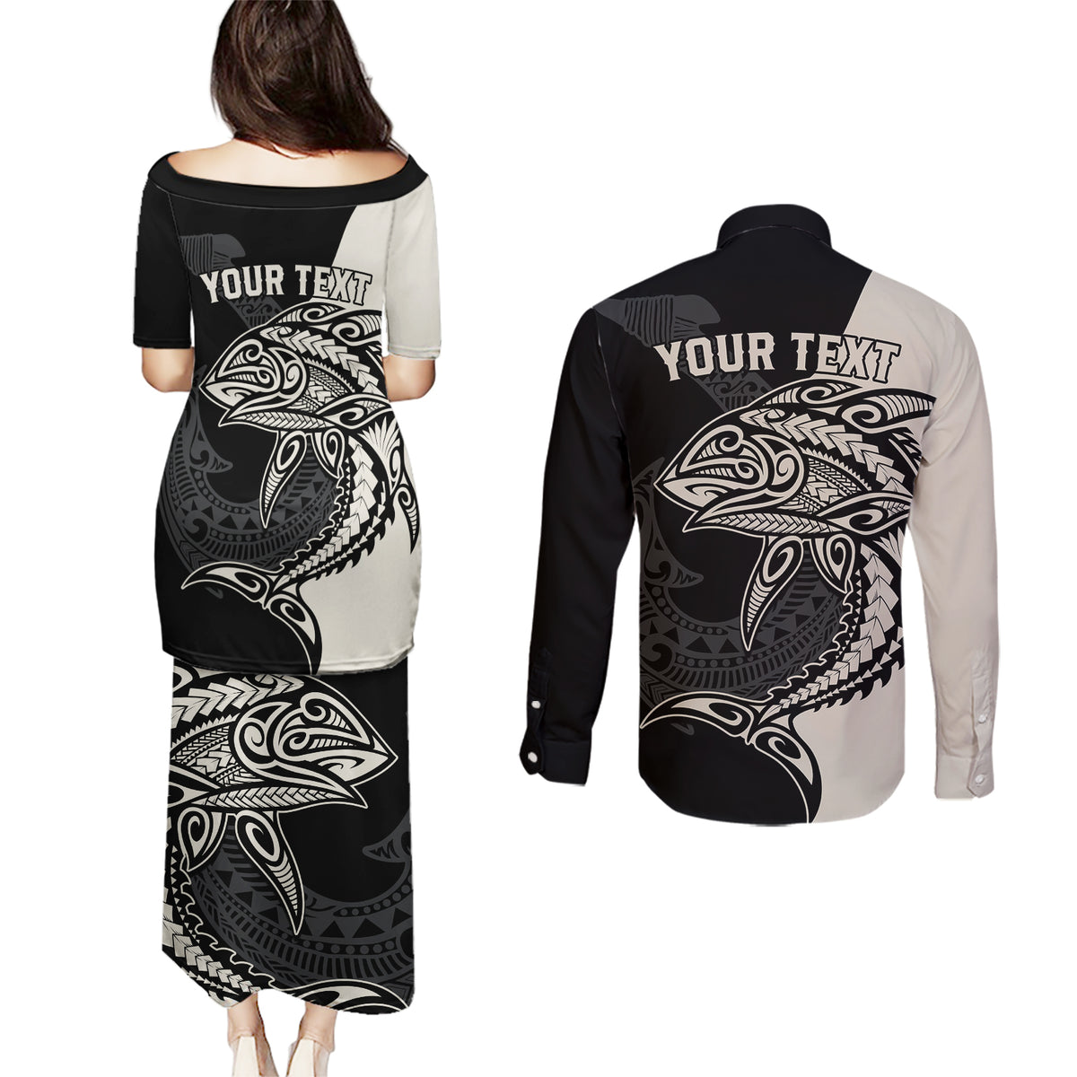 personalised-polynesia-fishing-couples-matching-puletasi-dress-and-long-sleeve-button-shirts-with-maori-hei-matau-fish-hook-gold-art
