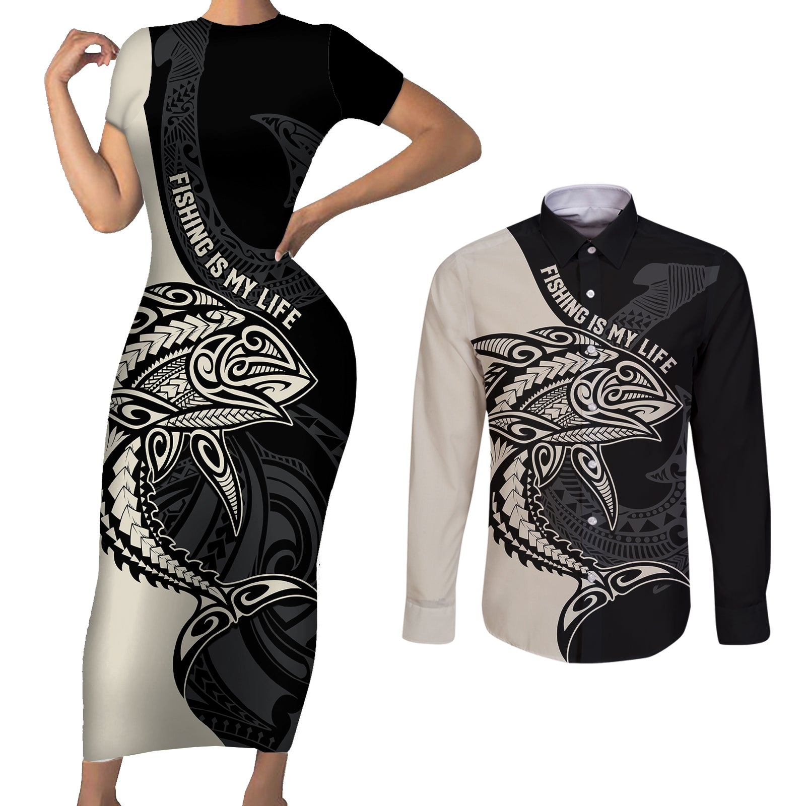 Personalised Polynesia Fishing Couples Matching Short Sleeve Bodycon Dress and Long Sleeve Button Shirts With Maori Hei Matau Fish Hook Gold Art LT9 Gold - Polynesian Pride