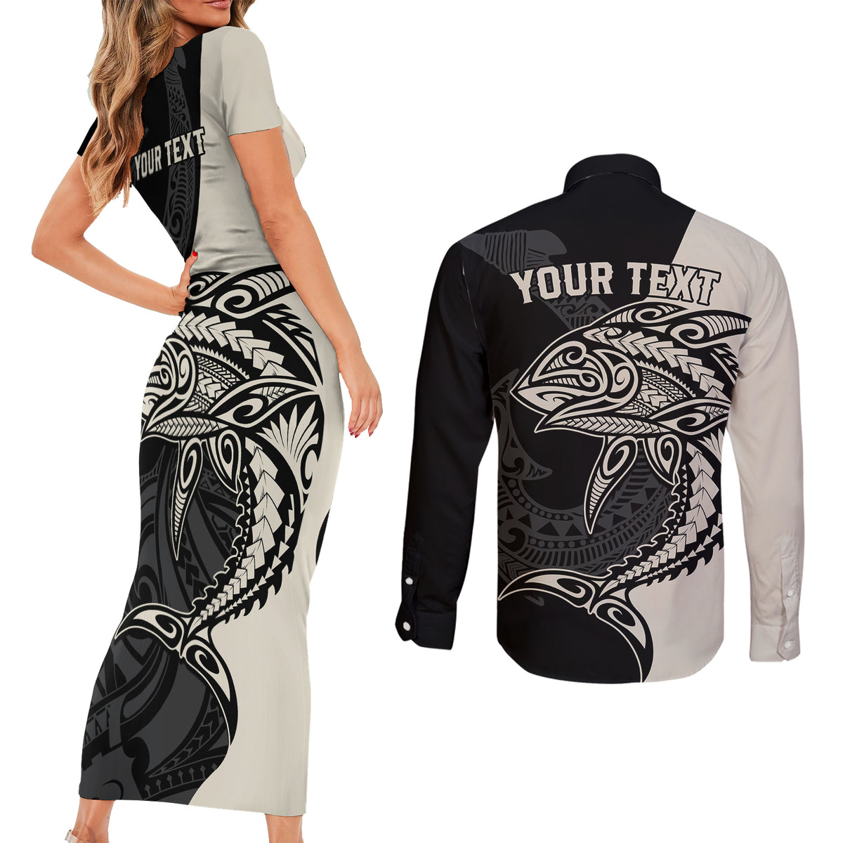 personalised-polynesia-fishing-couples-matching-short-sleeve-bodycon-dress-and-long-sleeve-button-shirts-with-maori-hei-matau-fish-hook-gold-art