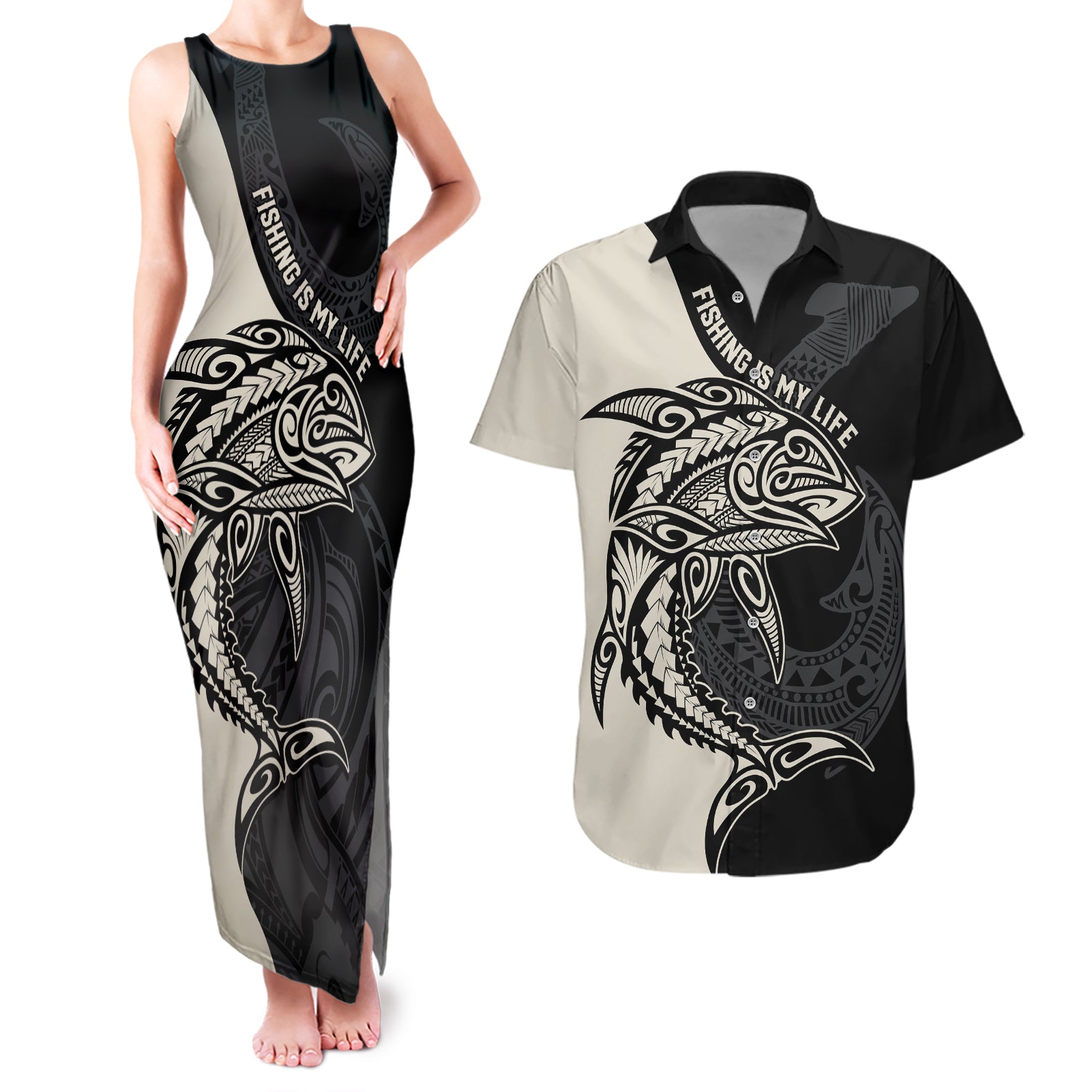 personalised-polynesia-fishing-couples-matching-tank-maxi-dress-and-hawaiian-shirt-with-maori-hei-matau-fish-hook-gold-art