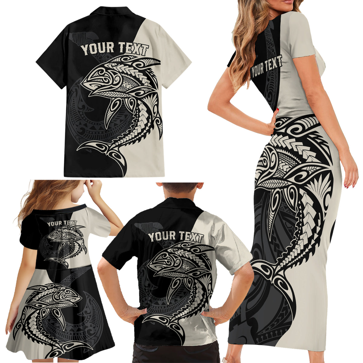 personalised-polynesia-fishing-family-matching-short-sleeve-bodycon-dress-and-hawaiian-shirt-with-maori-hei-matau-fish-hook-gold-art