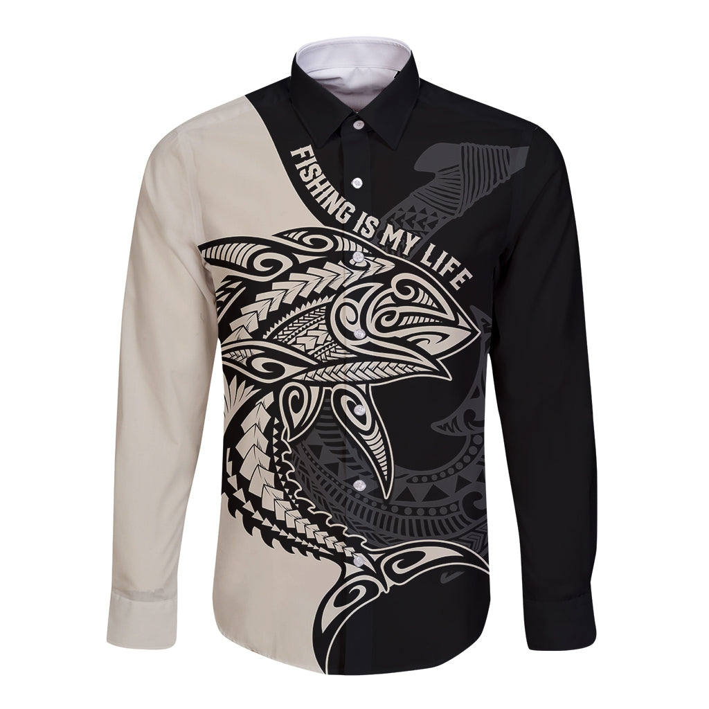 personalised-polynesia-fishing-long-sleeve-button-shirt-with-maori-hei-matau-fish-hook-gold-art