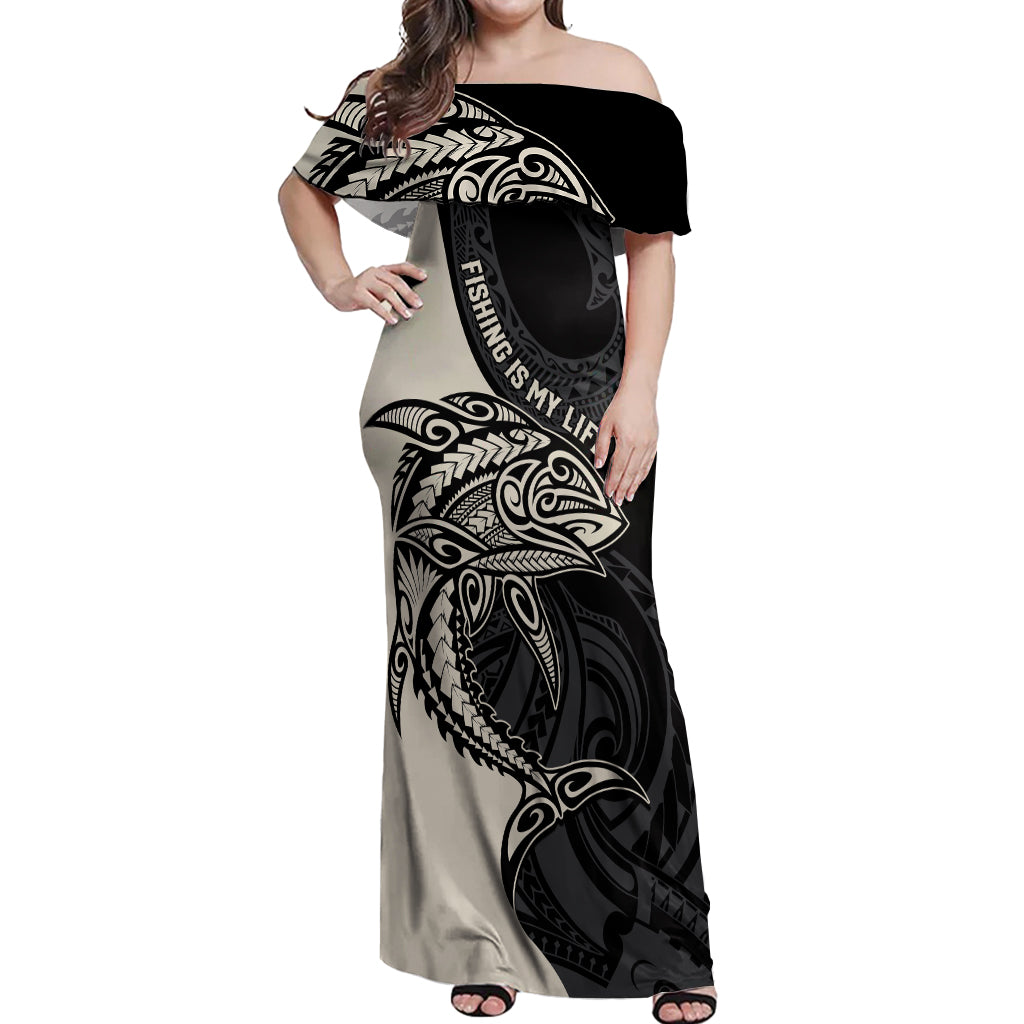 Personalised Polynesia Fishing Off Shoulder Maxi Dress With Maori Hei Matau Fish Hook Gold Art LT9 Women Gold - Polynesian Pride
