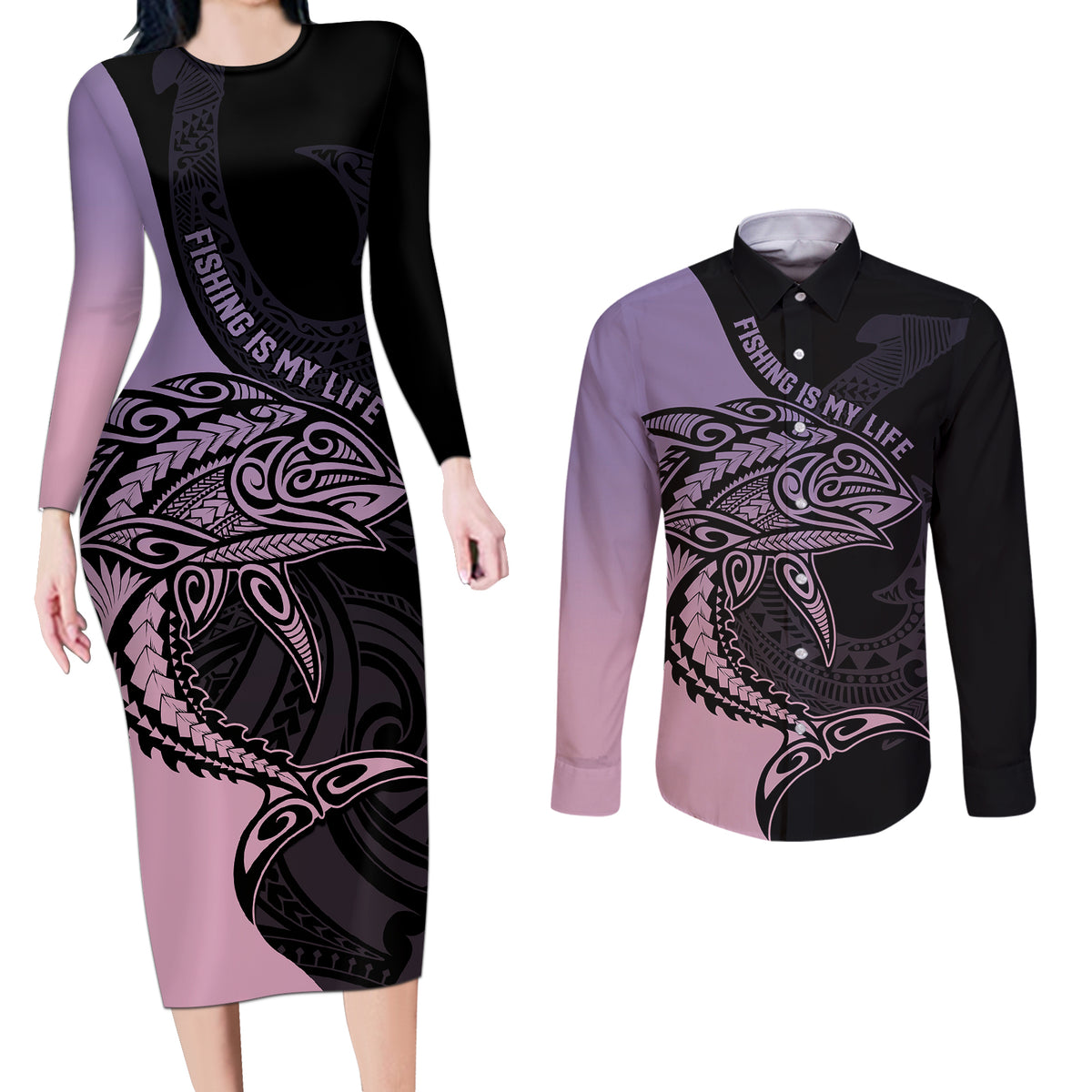 personalised-polynesia-fishing-couples-matching-long-sleeve-bodycon-dress-and-long-sleeve-button-shirts-with-maori-hei-matau-fish-hook-pastel-art