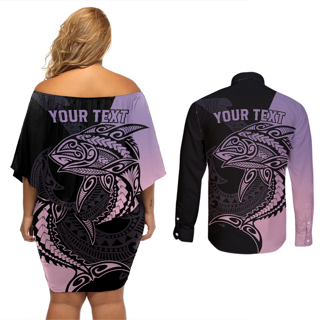 personalised-polynesia-fishing-couples-matching-off-shoulder-short-dress-and-long-sleeve-button-shirts-with-maori-hei-matau-fish-hook-pastel-art