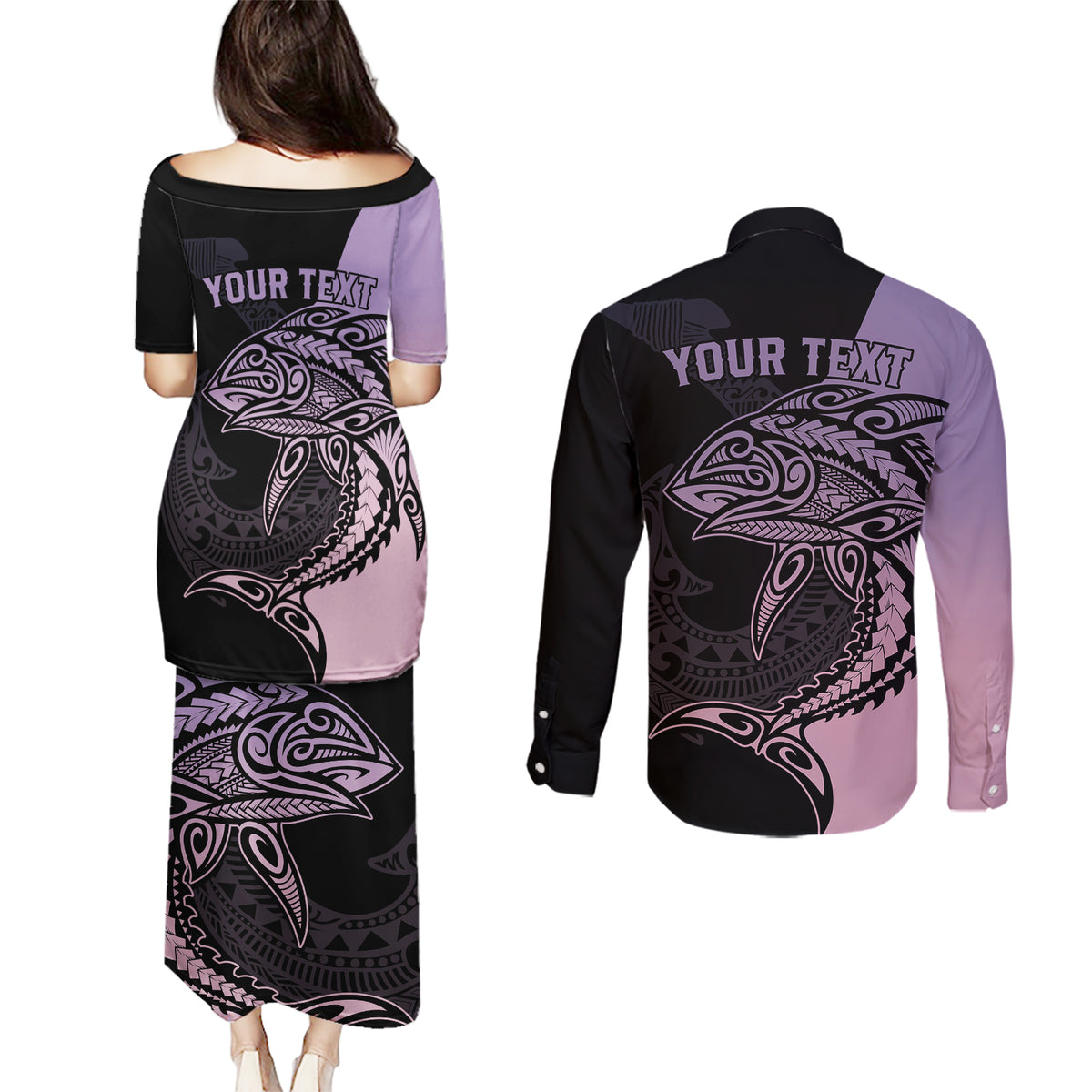 personalised-polynesia-fishing-couples-matching-puletasi-dress-and-long-sleeve-button-shirts-with-maori-hei-matau-fish-hook-pastel-art