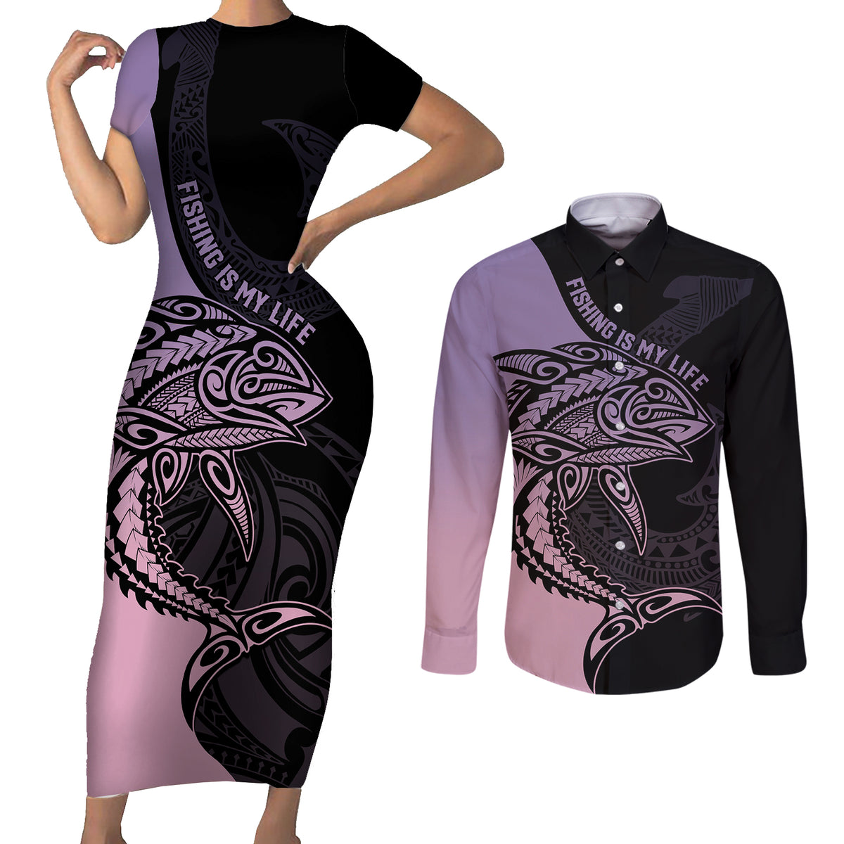 personalised-polynesia-fishing-couples-matching-short-sleeve-bodycon-dress-and-long-sleeve-button-shirts-with-maori-hei-matau-fish-hook-pastel-art