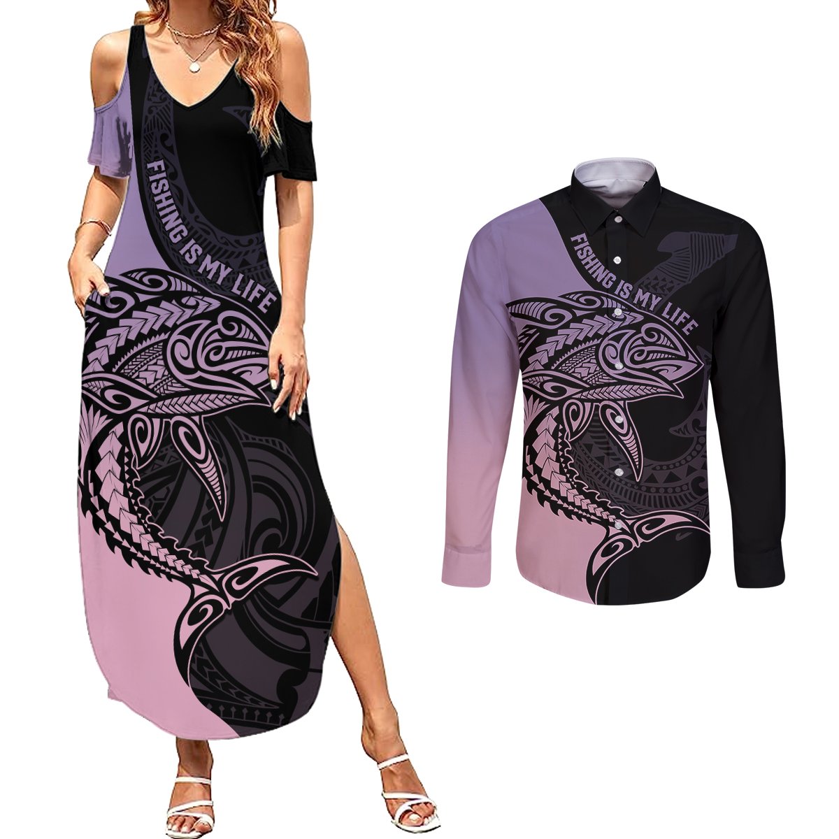 personalised-polynesia-fishing-couples-matching-summer-maxi-dress-and-long-sleeve-button-shirts-with-maori-hei-matau-fish-hook-pastel-art