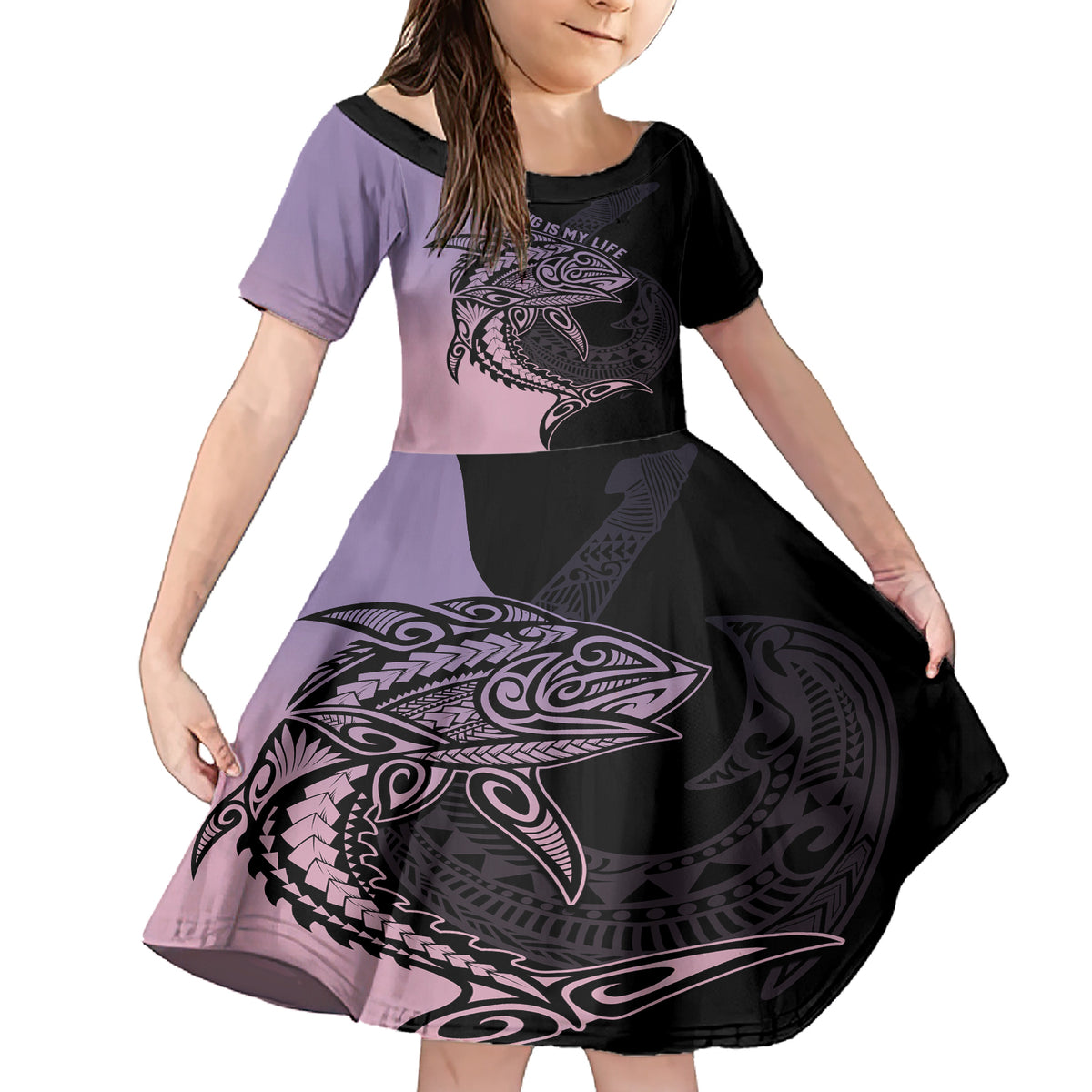 personalised-polynesia-fishing-family-matching-short-sleeve-bodycon-dress-and-hawaiian-shirt-with-maori-hei-matau-fish-hook-pastel-art