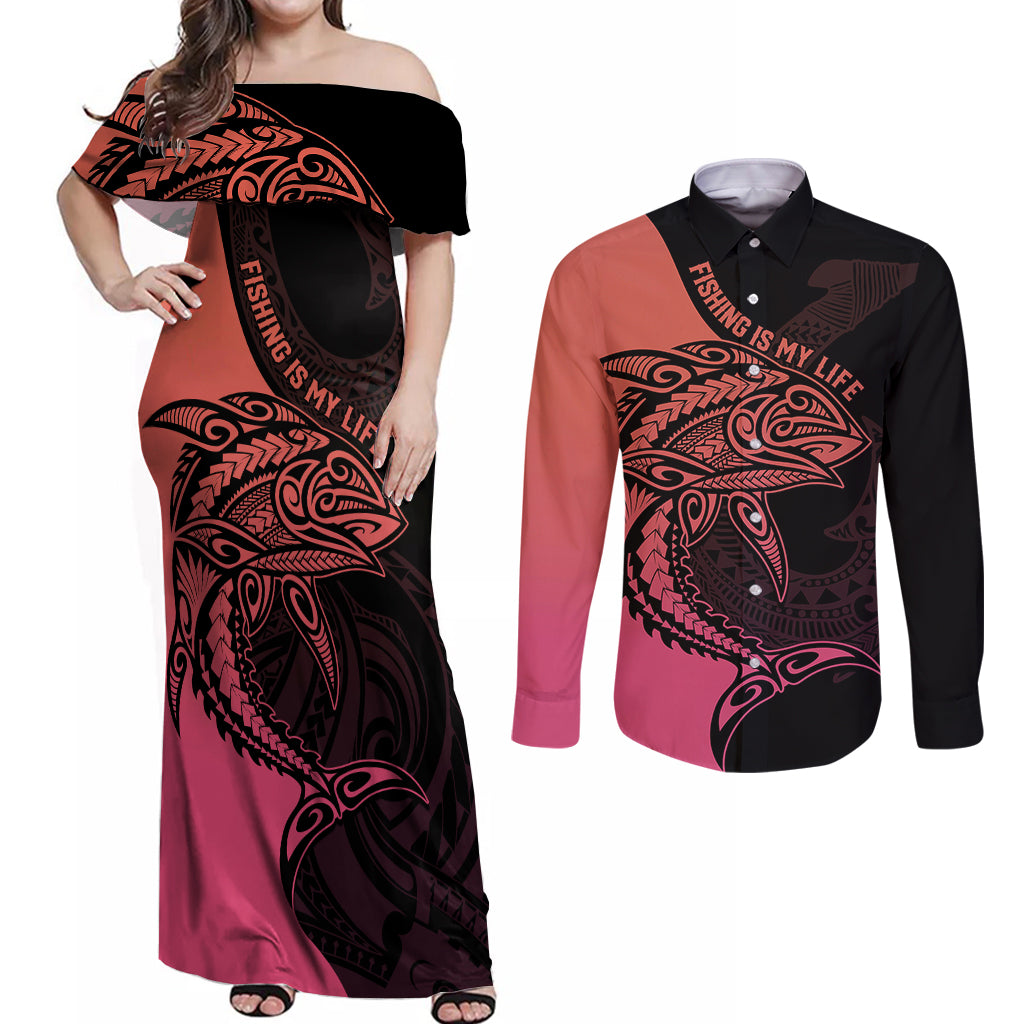 personalised-polynesia-fishing-couples-matching-off-shoulder-maxi-dress-and-long-sleeve-button-shirts-with-maori-hei-matau-fish-hook-pink-art