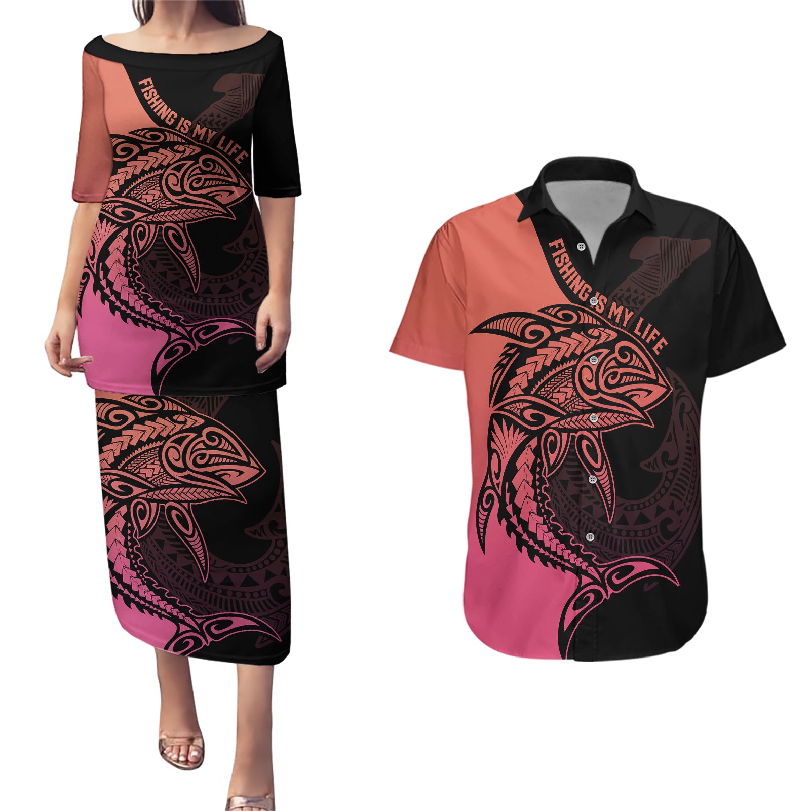 personalised-polynesia-fishing-couples-matching-puletasi-dress-and-hawaiian-shirt-with-maori-hei-matau-fish-hook-pink-art