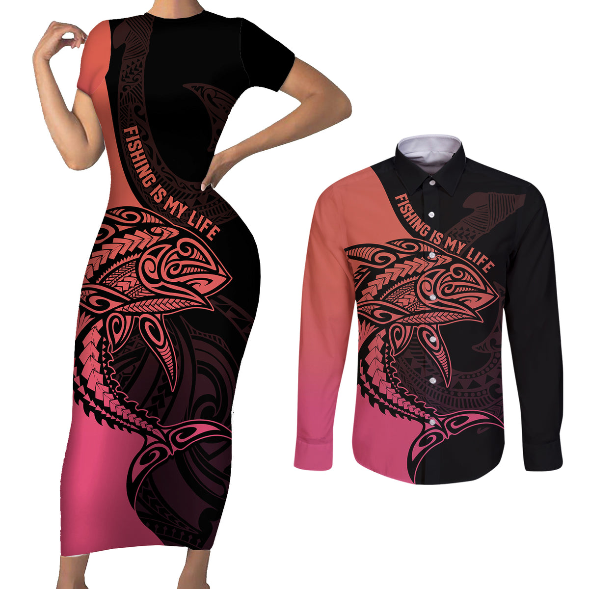 personalised-polynesia-fishing-couples-matching-short-sleeve-bodycon-dress-and-long-sleeve-button-shirts-with-maori-hei-matau-fish-hook-pink-art