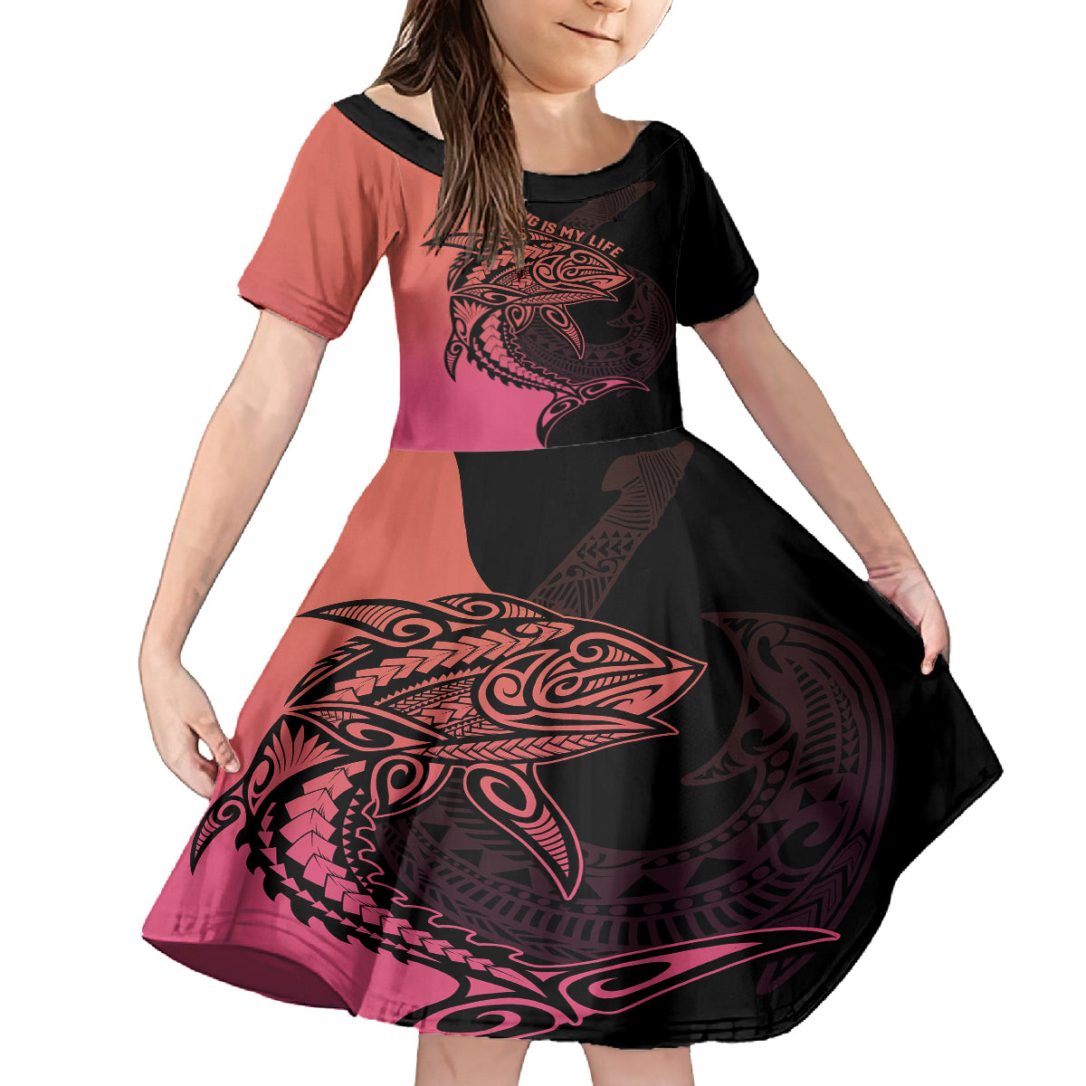 personalised-polynesia-fishing-kid-short-sleeve-dress-with-maori-hei-matau-fish-hook-pink-art