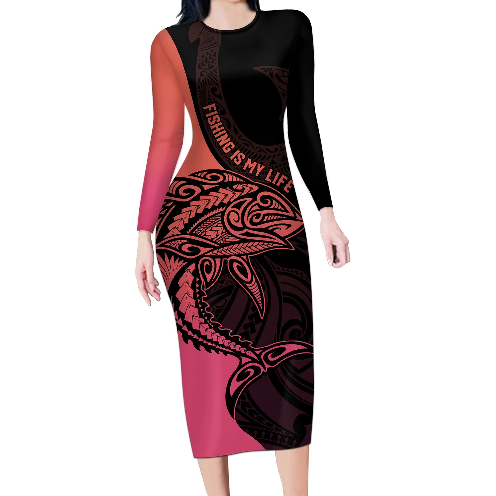 Personalised Polynesia Fishing Long Sleeve Bodycon Dress With Maori Hei Matau Fish Hook Pink Art LT9 Long Dress Pink - Polynesian Pride
