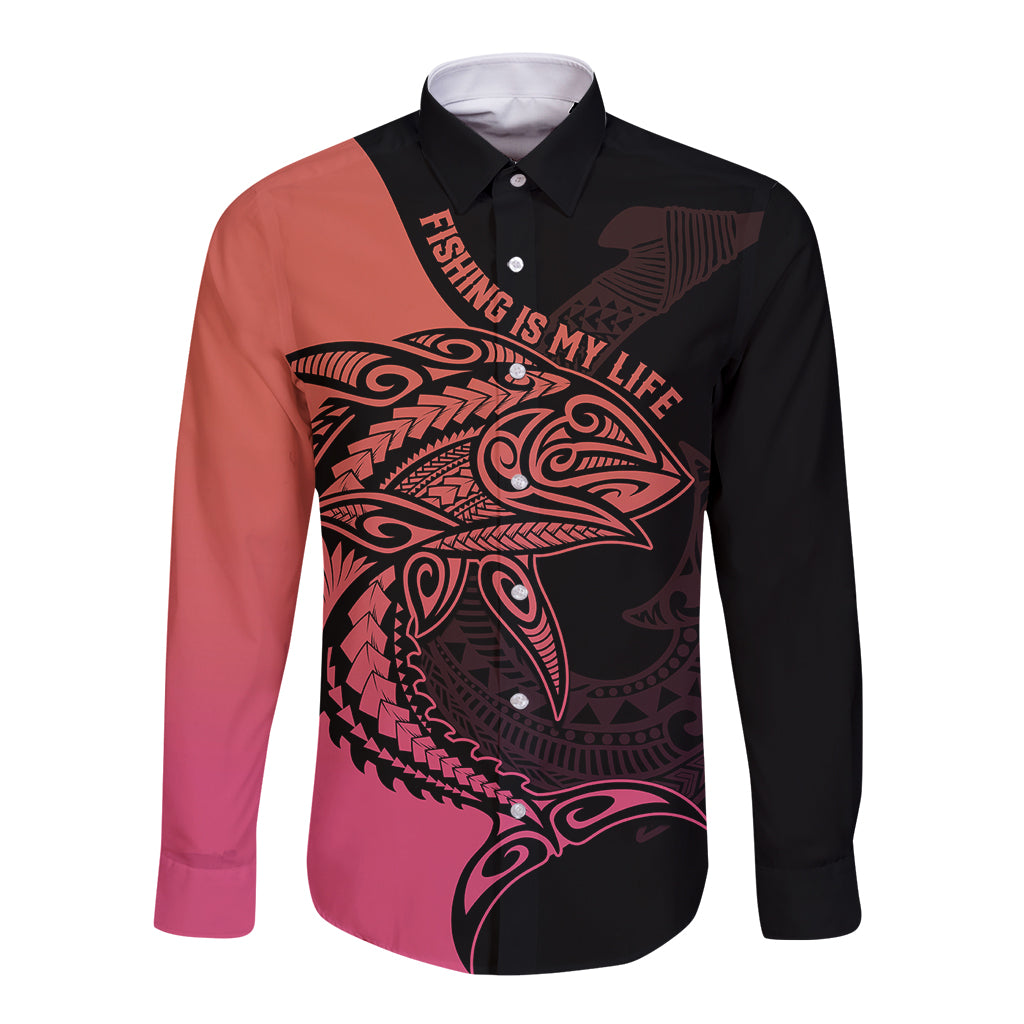 personalised-polynesia-fishing-long-sleeve-button-shirt-with-maori-hei-matau-fish-hook-pink-art