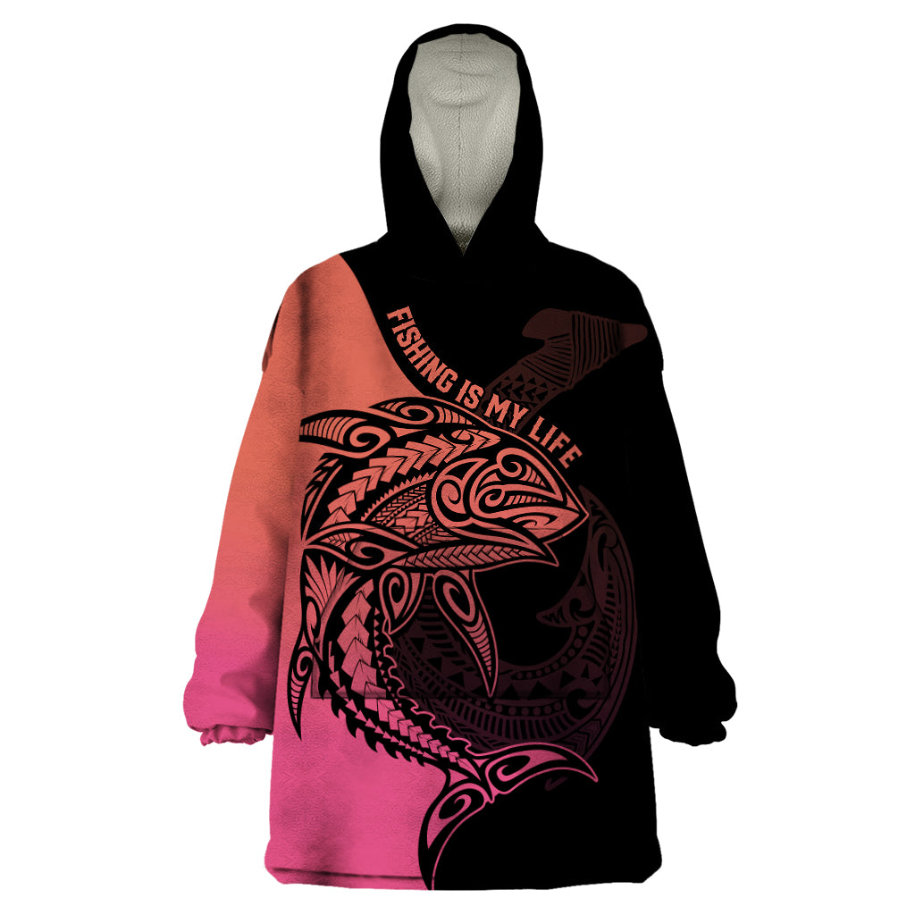 Personalised Polynesia Fishing Wearable Blanket Hoodie With Maori Hei Matau Fish Hook Pink Art LT9 One Size Pink - Polynesian Pride